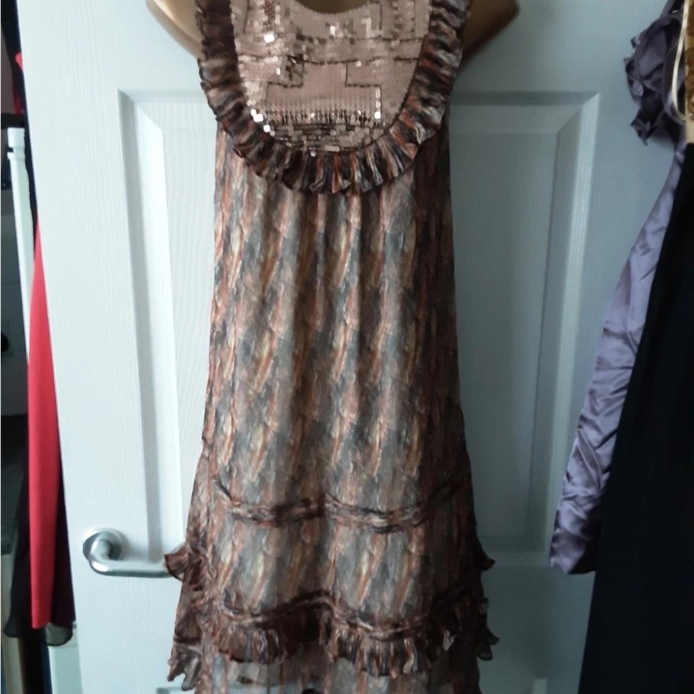 Brown and Gold Sleeveless Dress with Sequin Detail